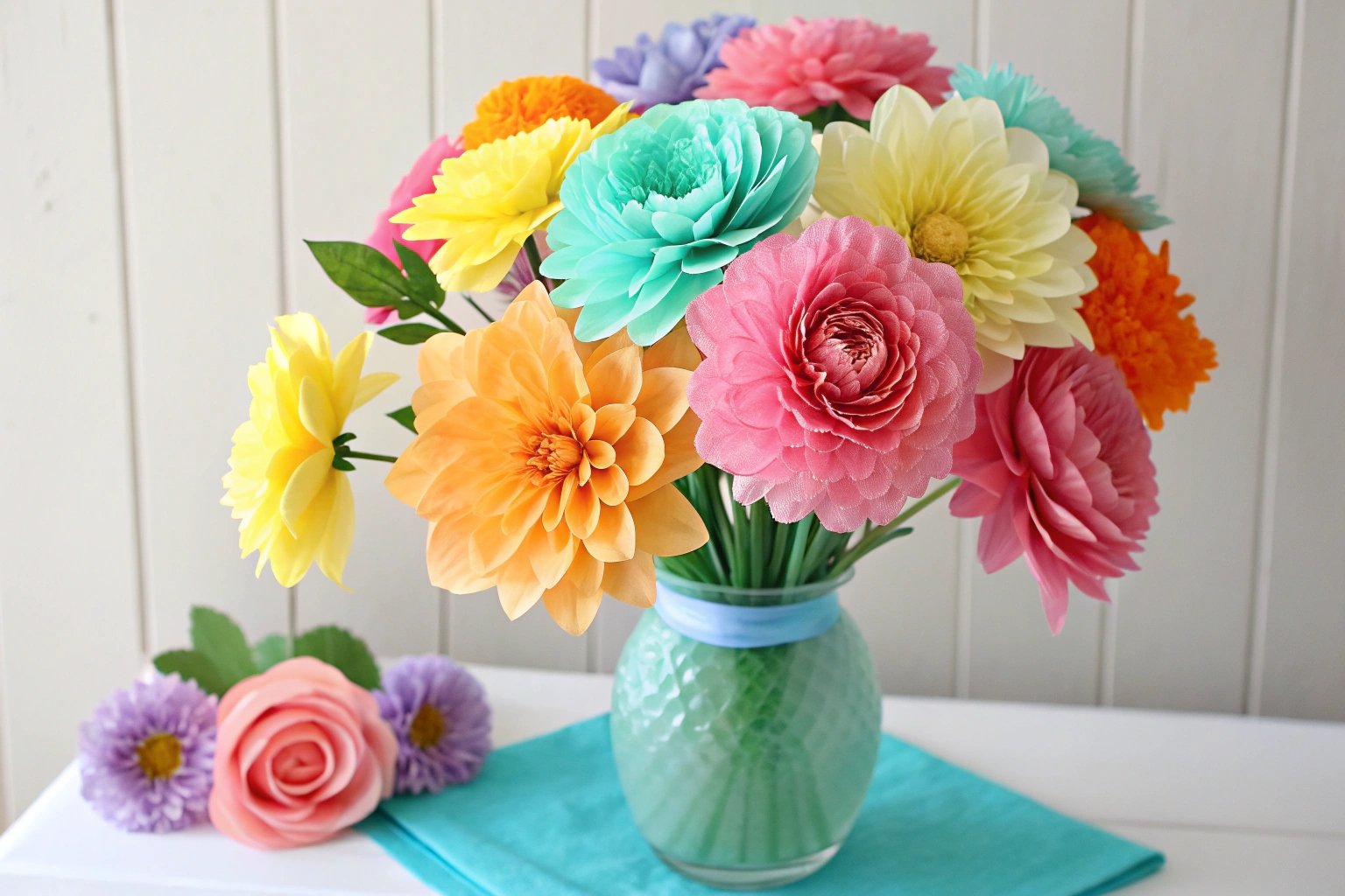 Arranging tissue paper flowers into a bouquet