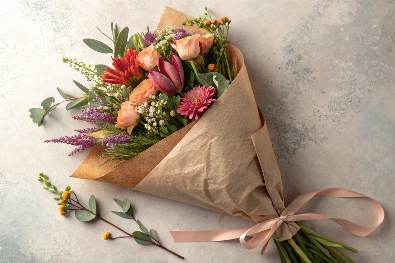 Bouquet wrapped in natural-looking recycled kraft paper or fabric