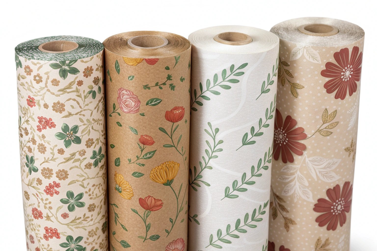 Rolls of different types of floral wrapping paper - kraft, cellophane, non-woven