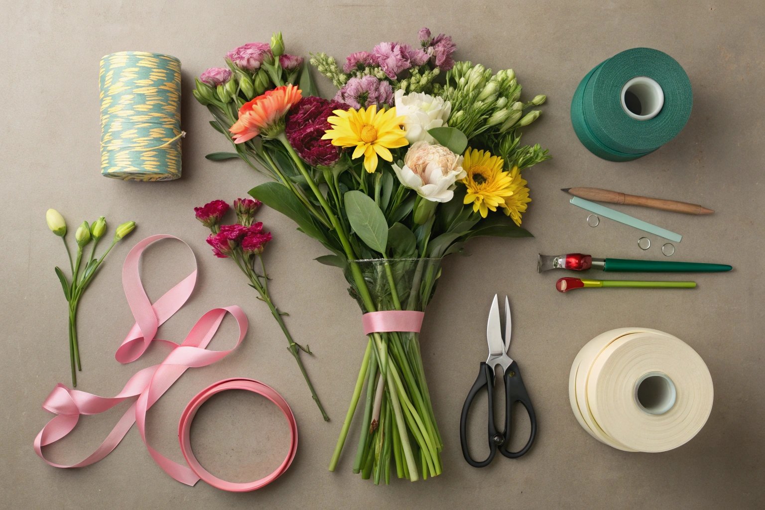 Supplies needed for making a bouquet