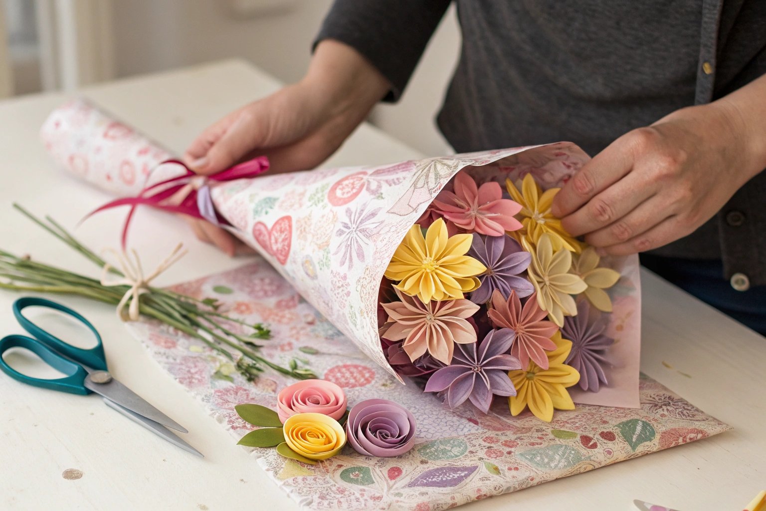 Wrapping a paper flower bouquet with wrapping paper