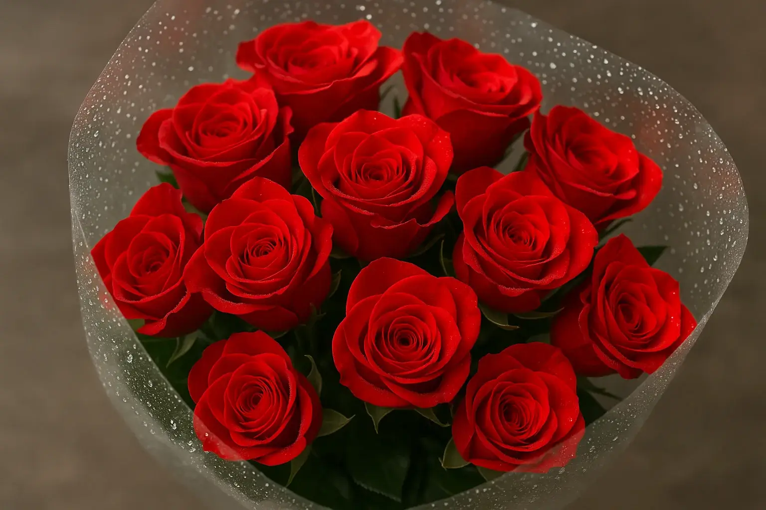a bouquet of bright red roses wrapped in clear cellophane with water droplets on it