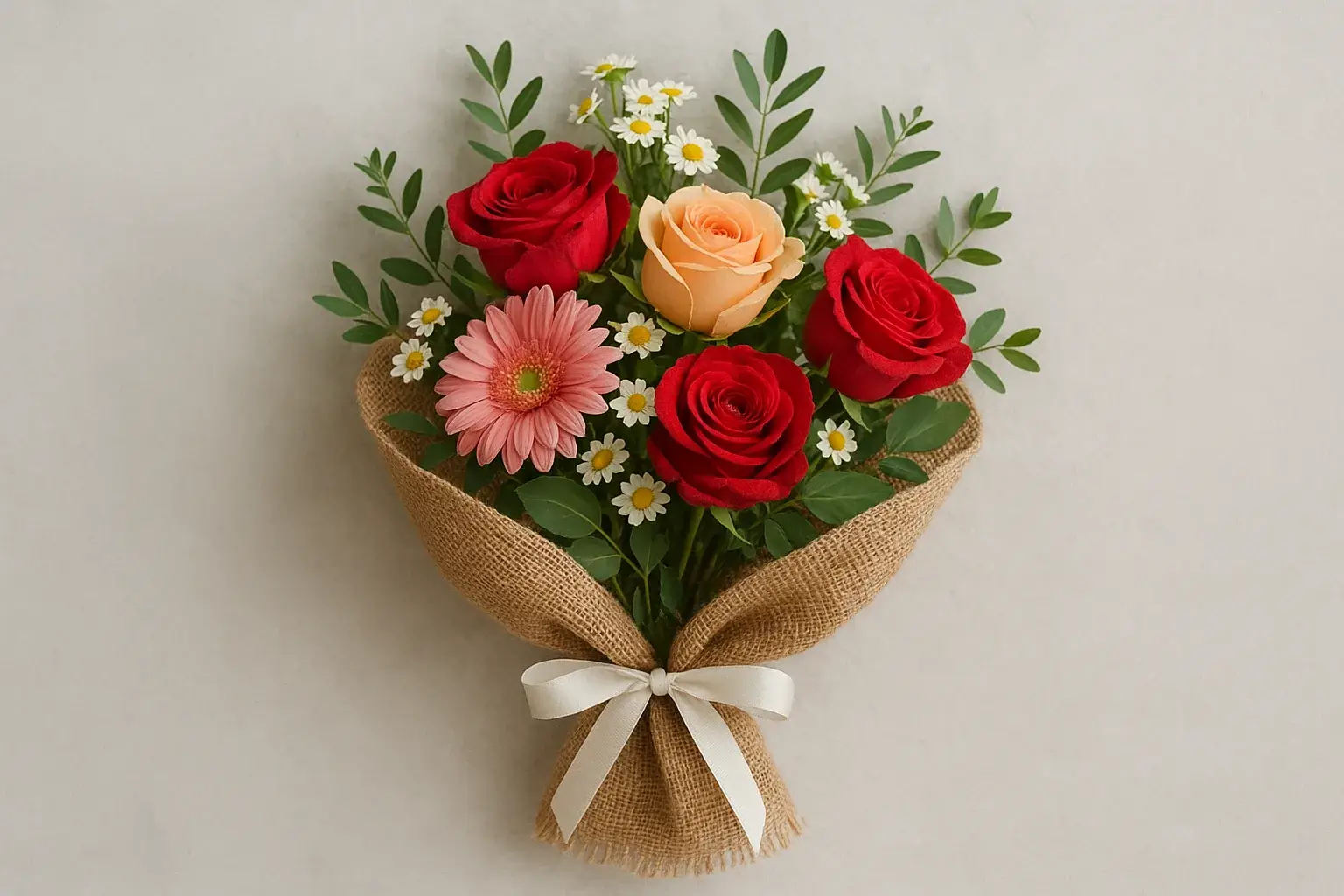 a bouquet wrapped in a natural burlap fabric, tied with a simple white ribbon