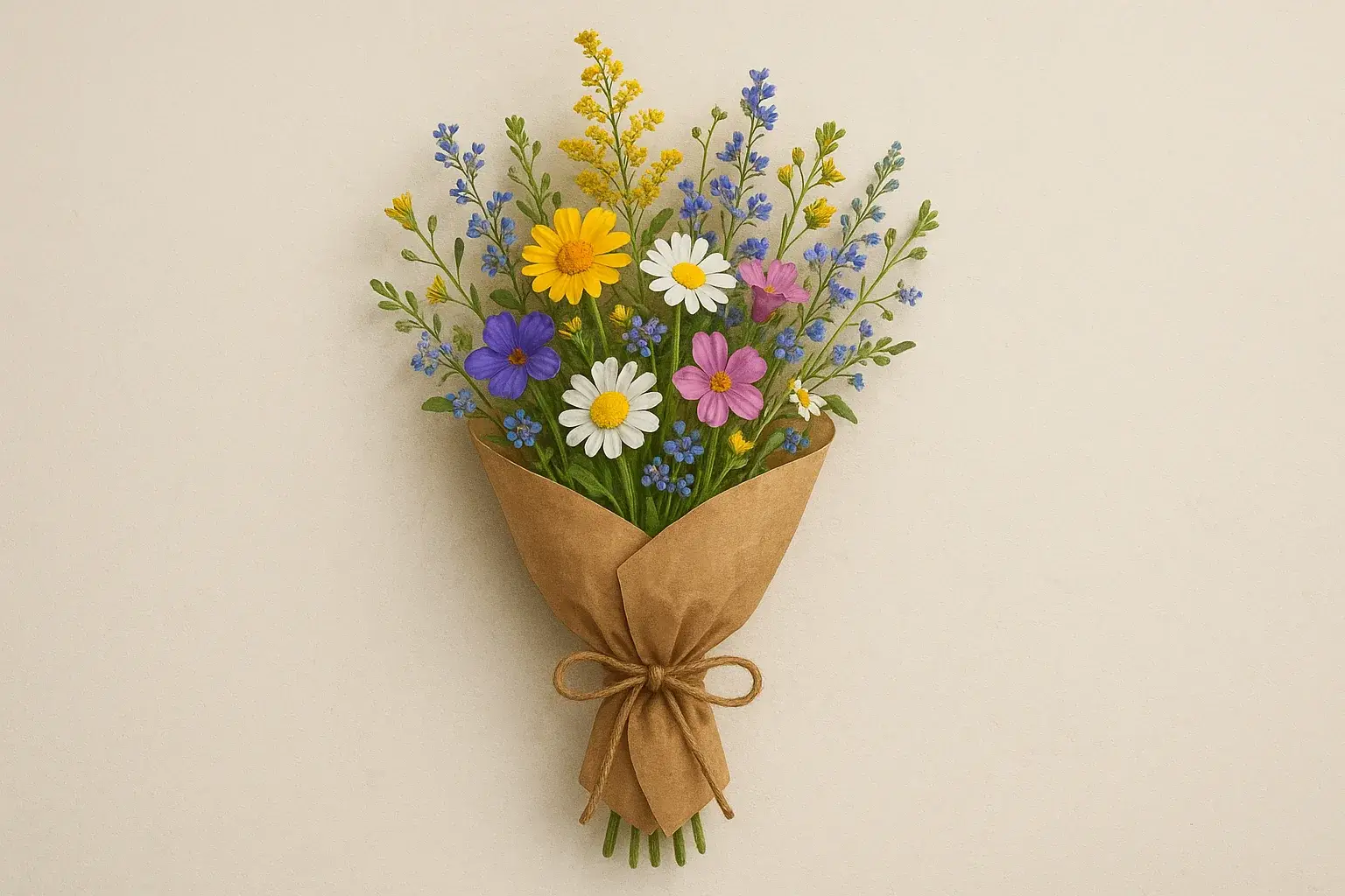 a simple bouquet of wildflowers wrapped in brown Kraft paper and tied with twine