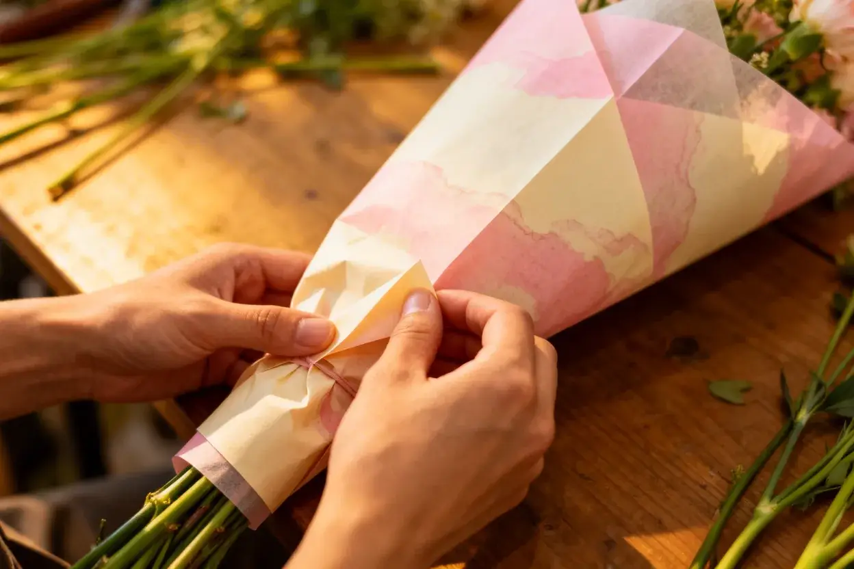 florist carefully handling delicate flower wrapping paper