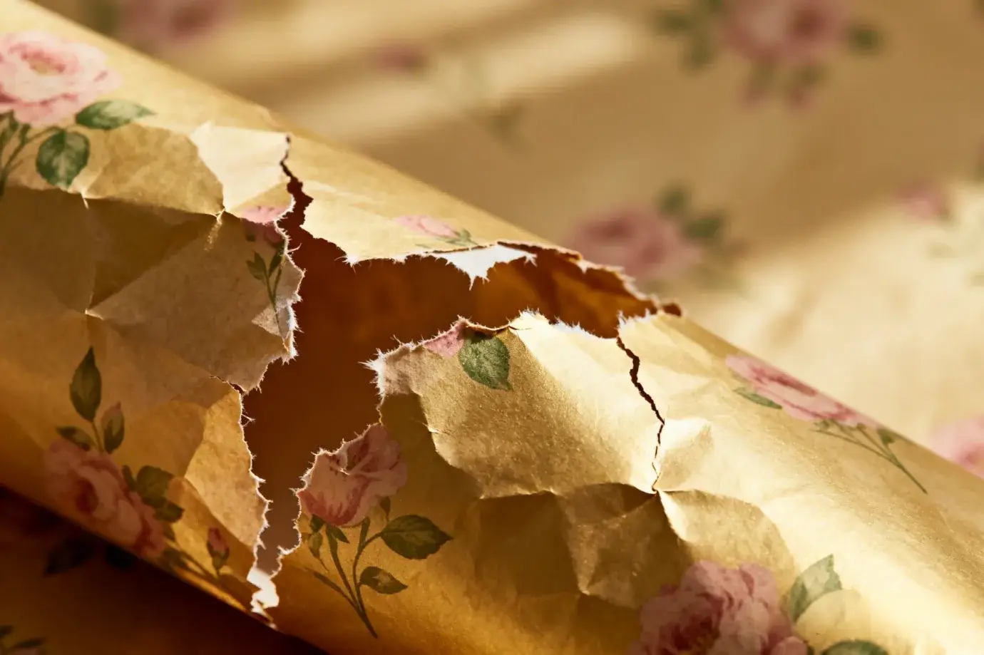 close-up of torn flower wrapping paper